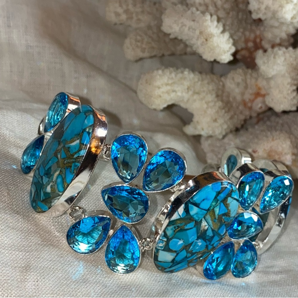 Gorgeous Copper Tibetan Turquoise + Blue Topaz cluster statement cuff bracelet